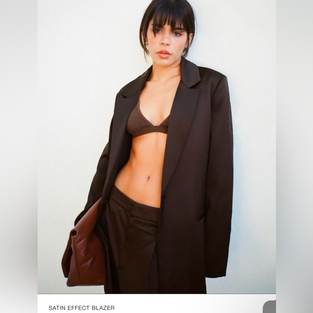 Satin Effect Blazer and Pants Set (XS) - Dark Brown